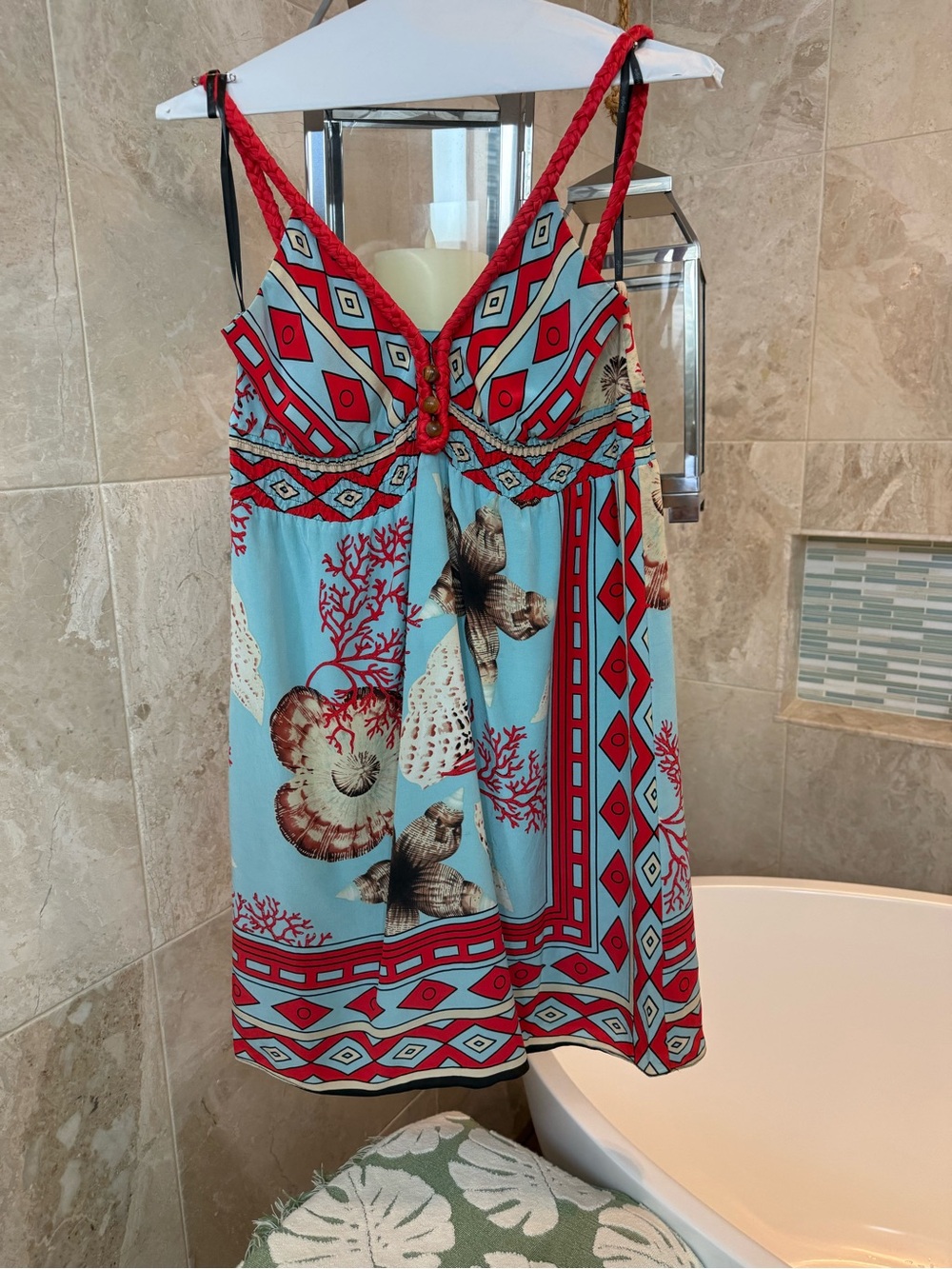 Single Dress Light Blue & Red Shell and Coral Printed Silk Dress